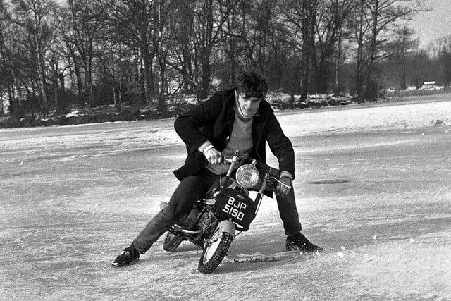 A skid pad for a mini motorbike on the frozen Wrightington fishponds in February 1969.