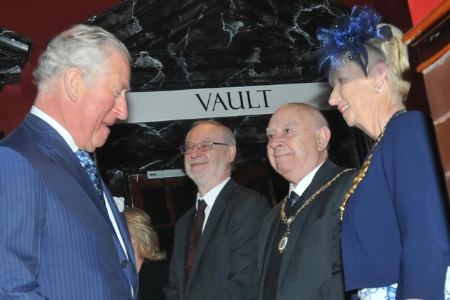Prince Charles meets the Mayor of Wigan Coun Sue Greensmith, right, and consort Allen Greensmith, people from a variety of groups at The Old Courts, Wigan.
