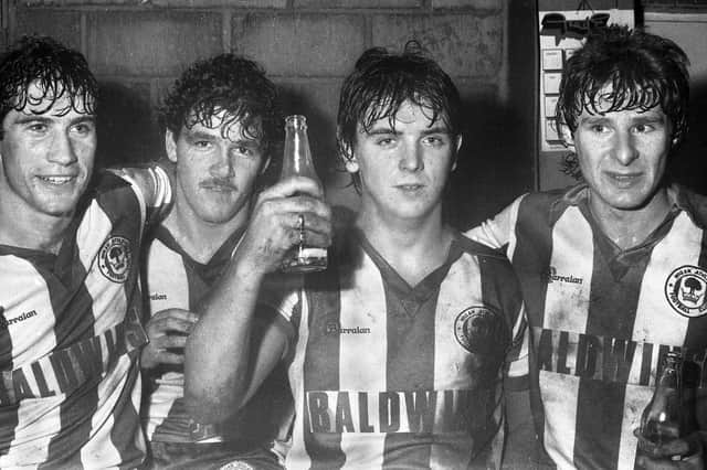 Wigan Athletic players celebrating the win over Chelsea in the League Cup 3rd round tie at Springfield Park on Wednesday 11th of November 1981 are, left to right, Clive Evans, Alex Cribley, Mark Wignall and Kevin Sheldon.
Latics won the match 4-2 against 2nd Division Chelsea with goals from Mark Wignall(2), Clive Evans and Les Bradd.