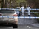 OMAGH, NORTHERN IRELAND - FEBRUARY 23: Police and forensics are seen at the scene of last nights shooting of a high profile PSNI officer at the Youth Sports Centre on February 22, 2023 in Omagh, Northern Ireland. (Photo by Charles McQuillan/Getty Images)