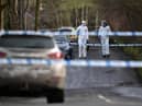 OMAGH, NORTHERN IRELAND - FEBRUARY 23: Police and forensics are seen at the scene of last nights shooting of a high profile PSNI officer at the Youth Sports Centre on February 22, 2023 in Omagh, Northern Ireland. (Photo by Charles McQuillan/Getty Images)