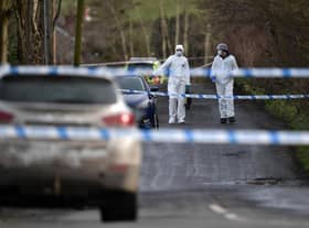OMAGH, NORTHERN IRELAND - FEBRUARY 23: Police and forensics are seen at the scene of last nights shooting of a high profile PSNI officer at the Youth Sports Centre on February 22, 2023 in Omagh, Northern Ireland. (Photo by Charles McQuillan/Getty Images)