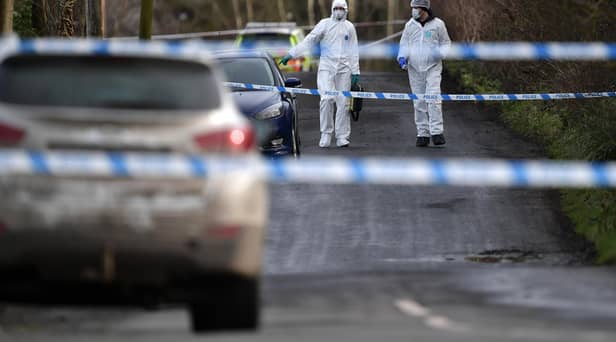 OMAGH, NORTHERN IRELAND - FEBRUARY 23: Police and forensics are seen at the scene of last nights shooting of a high profile PSNI officer at the Youth Sports Centre on February 22, 2023 in Omagh, Northern Ireland. (Photo by Charles McQuillan/Getty Images)
