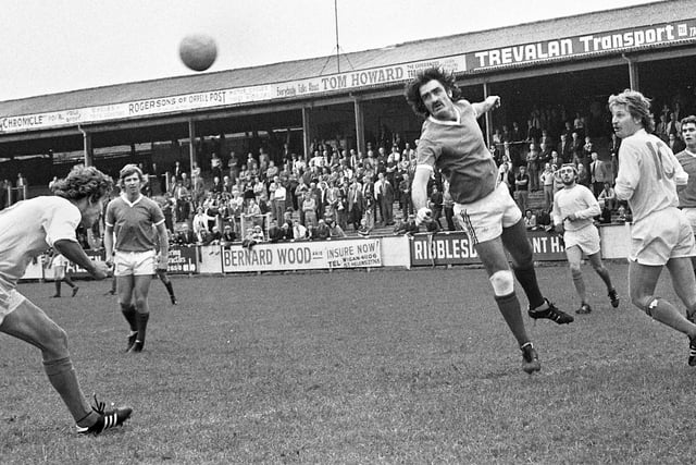 Wigan Athletic's Johnny King attempts a header against Gainsborough Trinity in a Northern Premier League match at Springfield Park on Saturday 30th of August 1975 which ended in a 0-0 draw.