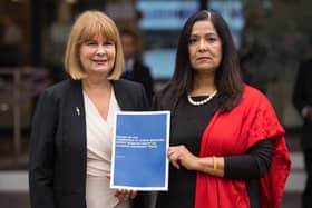Chair of the Association for Children Damaged by Hormone Pregnancy Tests Marie Lyon (left) and Yasmin Qureshi MP
