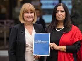Chair of the Association for Children Damaged by Hormone Pregnancy Tests Marie Lyon (left) and Yasmin Qureshi MP