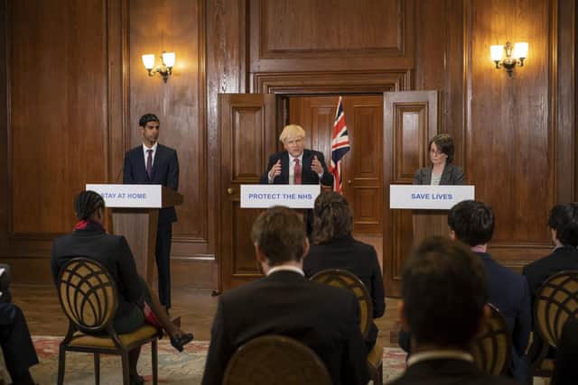 Pictured: (L-R) Shri Patel as Rishi Sunak and Kenneth Branagh as Prime Minister Boris Johnson in This England. Picture: PA Photo/©Sky UK Ltd/Phil Fisk.