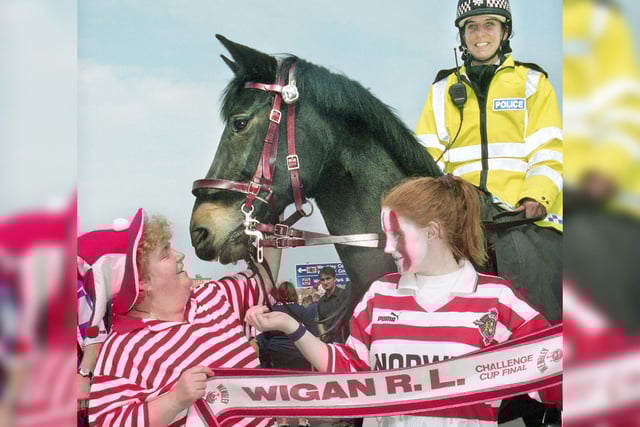 Kathleen McGee and Rebecca Green meet PC Claire Lloyd with her horse Nellie who escorted Princess Diana's coffin at her funeral.