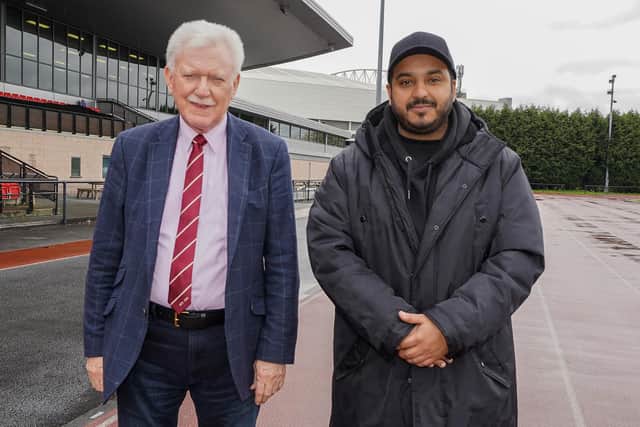 Latics chairman Talal Al Hammad with Warriors owner Ian Lenagan at Robin Park, in the shadow of the DW Stadium