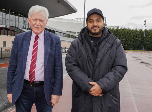 Latics chairman Talal Al Hammad with Warriors owner Ian Lenagan at Robin Park, in the shadow of the DW Stadium