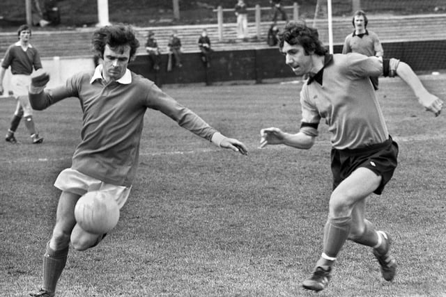 Wigan Athletic winger, Mickey Worswick, on the ball against Macclesfield Town during a Northern Premier League match at Springfield Park on Monday 11th of April 1977.
The game was a 0-0 draw.
