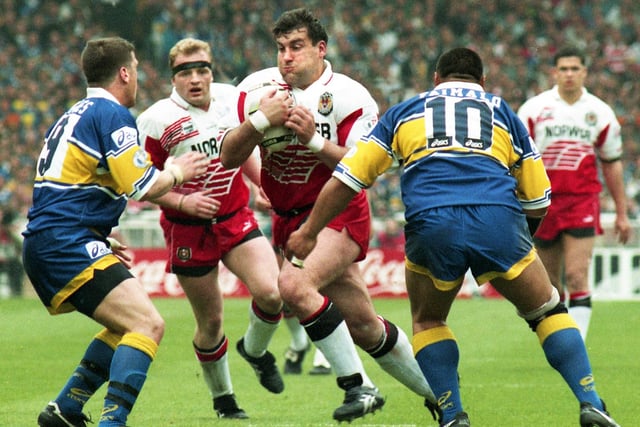 Wigan forward Kelvin Skerrett on the charge in the Challenge Cup Final against Leeds at Wembley on Saturday 29th of April in 1995 which Wigan won 30-10.