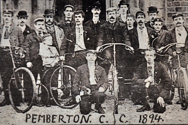 Owd Tom (7th from left) with Pemberton Cycling Club in 1894.