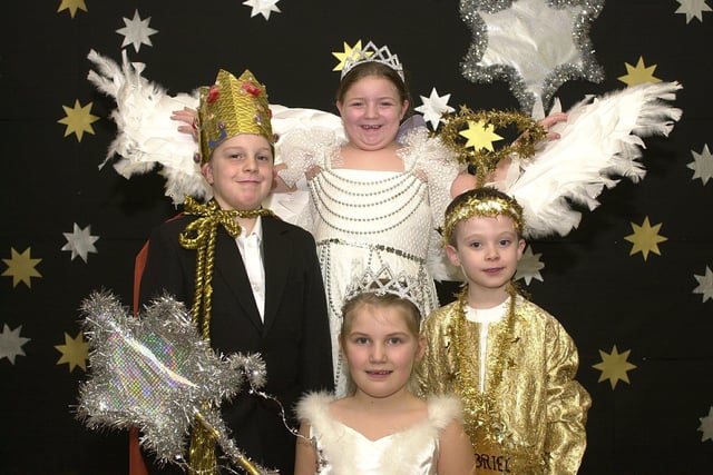 Hindley CE All Saints Primary are holding their annual nativity play The Hoty Toity Angel. Pictured LtR: Johnathan Trezise as King Herod, Emma Steele as Hoity Toity Angel, Jessica Forrester as Main Star and Connor Sharples as Gabriel.