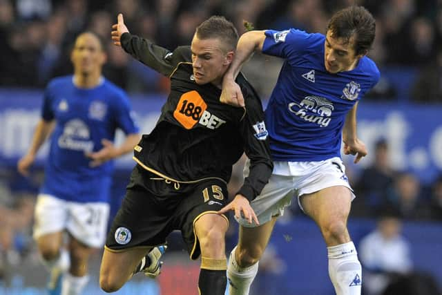 Tom Cleverley during his Latics days, doing battle with Leighton Baines at Everton