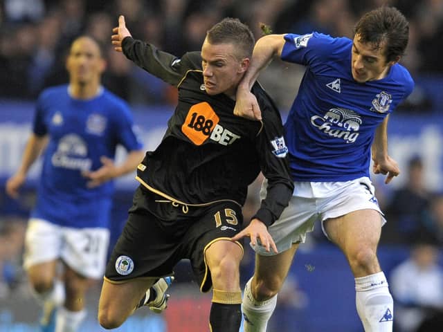 Tom Cleverley during his Latics days, doing battle with Leighton Baines at Everton