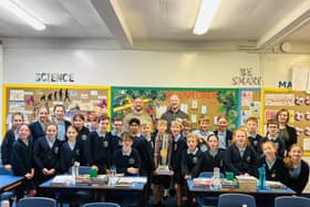 Grand Final heroes Liam Farrell and Liam Marshall visited St Wilfrid's with the Super League trophy