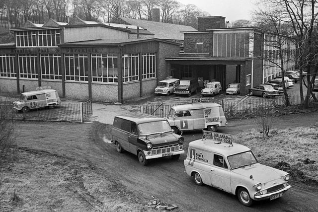 Vans loaded with papers leave the Post and Chronicle works at Brock Mill in Leyland Mill Lane in 1971.
