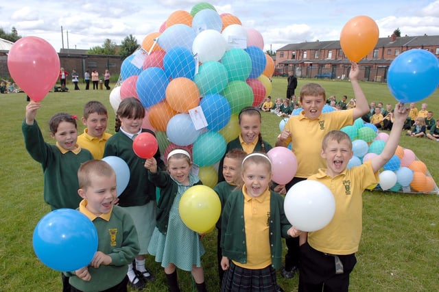 2008  - Pupils at St Williams Catholic Primary School, Higher Ince, get ready for their balloon race at the launch of their Geography Week.