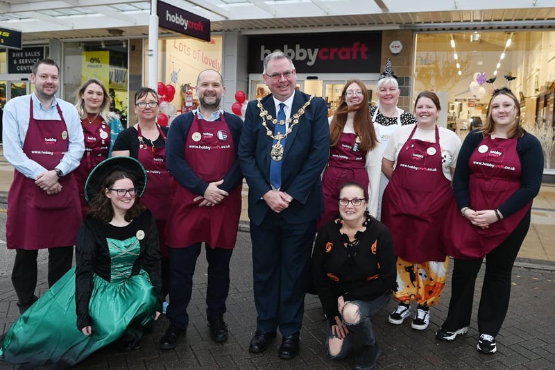 The Mayor of Wigan Coun Kevin Anderson with staff  at the opening of Hobby Craft, Robin Retail Park, Wigan.