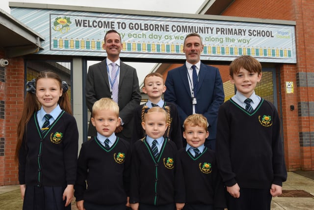 Pupils with Mr Neil Moore CEO of Mosaic Learning Trust, back left, and headteacher Mr Andrew Hunt, back right.