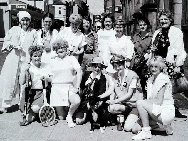 Charity walkers set off from Wigan town hall dressed as pensioners in 1986