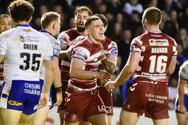 Brad O'Neill celebrates his first try for Wigan