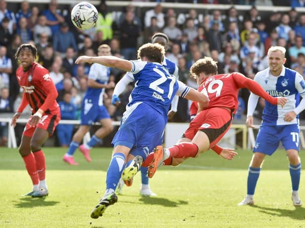 Callum Lang tries desperately to get Latics back into the game at Bristol Rovers