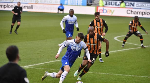 Callum Lang tries to get in behind the Hull defence