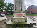 Graffiti spray-painted on Leigh's war memorial
