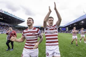 Cade Cust and Jai Field celebrate the victory over St Helens