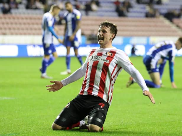 Nathan Broadhead scores against Latics for Sunderland last season