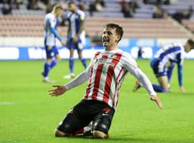 Nathan Broadhead scores against Latics for Sunderland last season