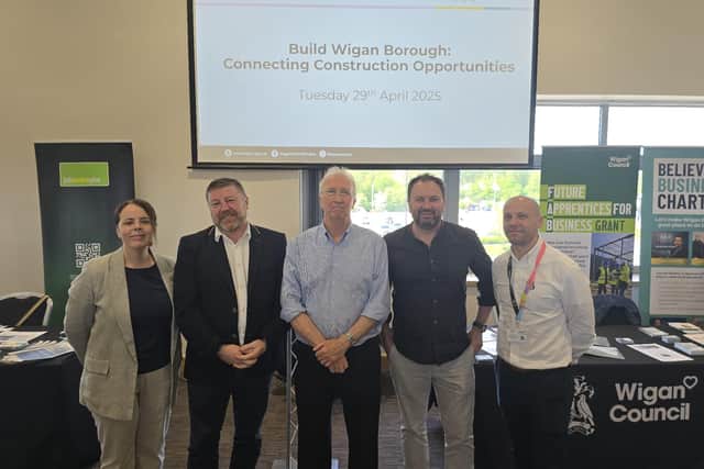 Anna Dawe, Principal- Wigan & Leigh College, Mike Sharkey, CEO- Greenmount Projects, Coun David Molyneux, Leader- Wigan Council, John Heaton, Managing Director- The Heaton Group, Aidan Thatcher, Director of Place- Wigan Council