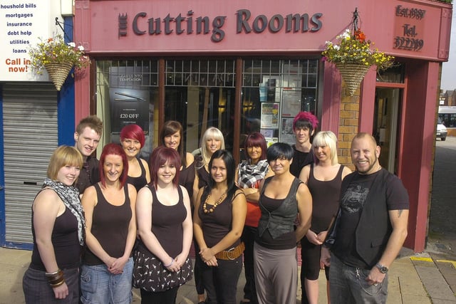 Cutting  Rooms Hairdressers of the year on Hallgate, Wigan with  back row) Steven Gill, Laura Sidlow, Catherine Holland, Jennifer Potts, Christine Grindley, Gareth Wilson, (front row) Emily Hill, Melonie Spain, Siobhan Aldred, Rebecca Park, Lauren Evans, Jennifer Fields and Mel Taylor