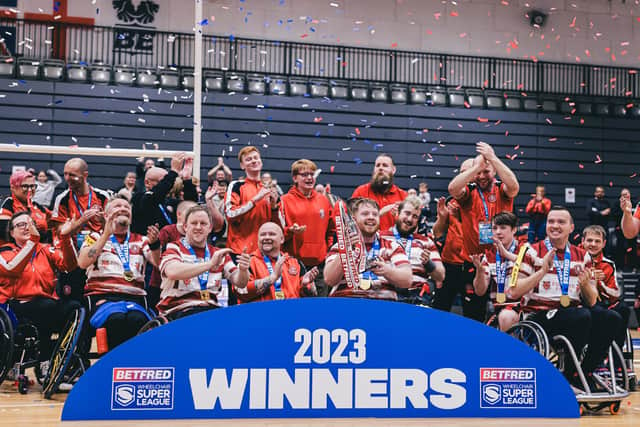 Wigan Warriors celebrate their Super League title at the National Basketball Performance Centre, Manchester, in October 2023