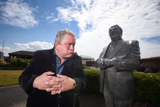 Jon Culshaw with Les Dawson's statue in St Annes