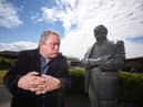 Jon Culshaw with Les Dawson's statue in St Annes