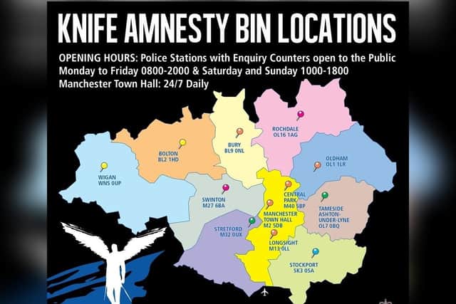 Map showing the location of knife amnesty bins in Greater Manchester