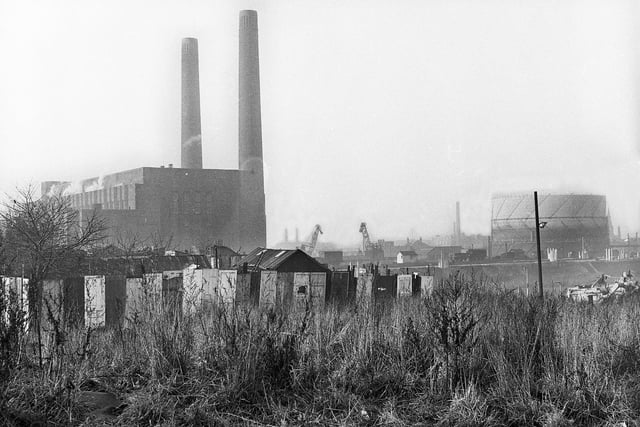 Westwood power station and the Wigan gasometer behind Chapel Street, Lower Ince, in December 1971.