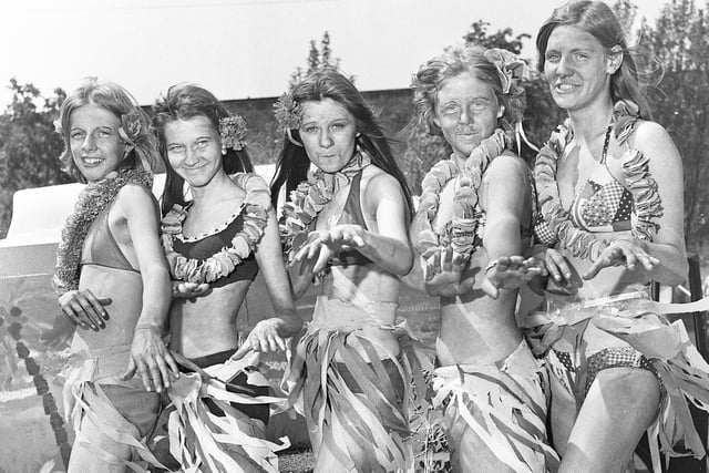Hawaii Five-O.....Girls from theTreble O Youth Club, Pemberton, perform their Hula dance at Wigan Carnival on  Saturday 7th of June 1975.