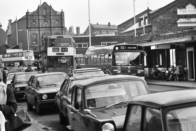 A busy Wigan bus station on Hope Street in February 1981.