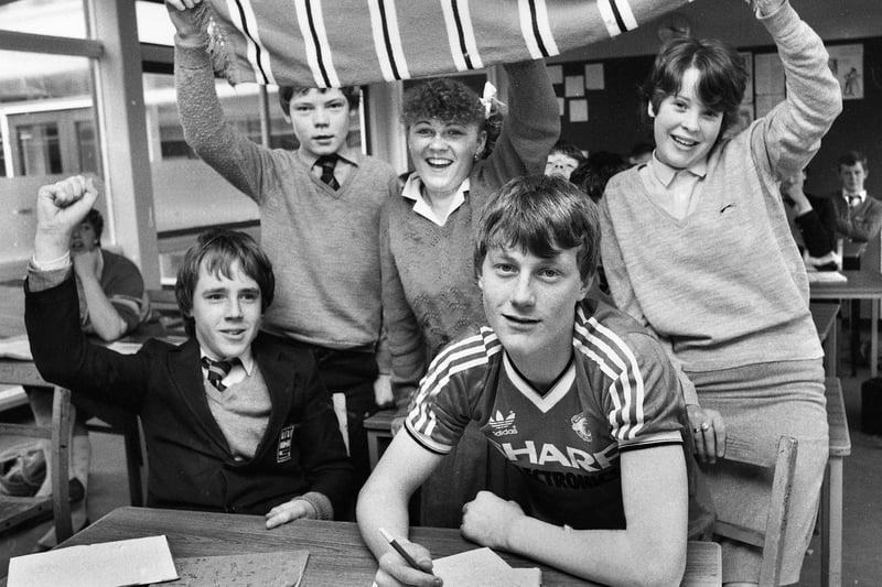 Gary Walsh is given the support of his classmates at Whitley High School as he is signed as a goalkeeper for Manchester United at 15 years old in May 1983.