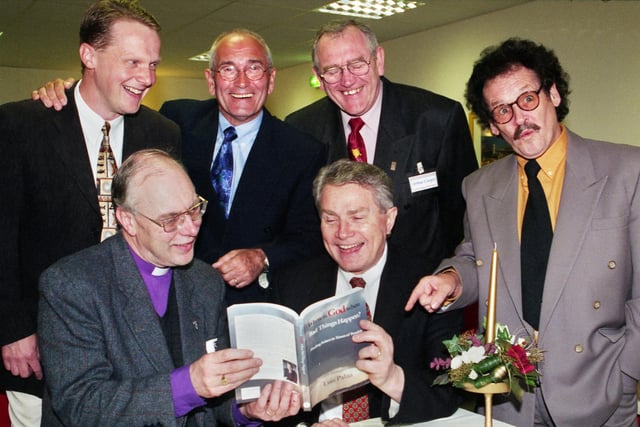 Not a joke book but TV comedians and born again Christians, Bobby Ball and Tommy Cannon, had them rocking in the aisles at a special mission night in the International Christian Community Centre in Pottery Road, Wigan, on Monday 17th of May 1999.  Sharing the joke are renowned international speaker, Dr. Luis Palau (centre), with the Bishop of Warrington, John Packer, and back David Belfield, minister at Wigan ICCC and Arthur Cooper, lay minister from St. Pauls, Goose Green.
