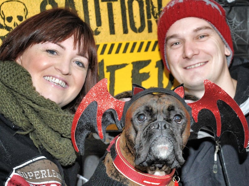 Joanna Livermore and David Hammond with Poppy at an event where dogs dressed up for Halloween at Dogs Country Club, Lowton