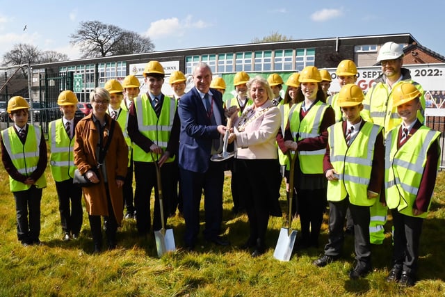 The Mayor of Wigan Coun Marie Morgan meets pupils, staff and delegates, as she was invited to put the first spade in the ground at a ceremony to celebrate the beginning of the construction of the new school building in the grounds of Byrchall High School, Ashton-in-Makerfield.