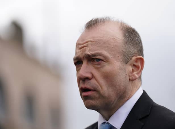 Northern Ireland Secretary Chris Heaton-Harris speaking to the media  at Hillsborough Castle after his meetings with Stormont leaders over Brexit and the Windsor Framework.