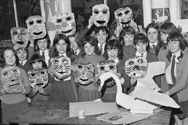Form 2A with masks made in an art class in January 1972 at Lower Ince Secondary School.