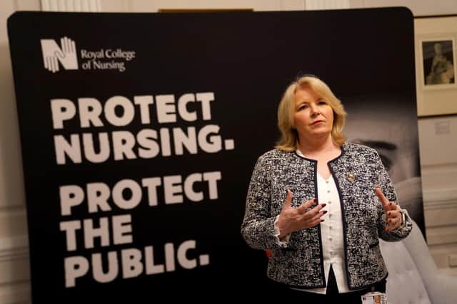 Royal College of Nursing chief executive Pat Cullen speaking to the media at RCN headquarters in central London, following the announcement that nurses will stage two more strikes next month
