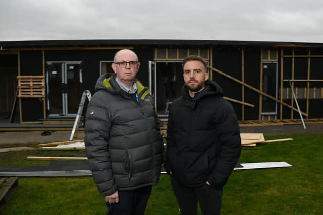 From left,  Ed Hanley, headteacher at Expanse Learning, Wigan, for pupils with special educational needs and disabilities, pictured with Chris Parr, director of Eco Home Space, who are building a therapy centre on the school site, which is being targeted by thieves multiple times.
